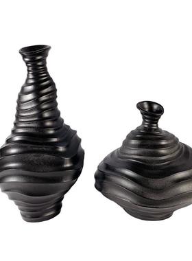黑白色现代简约波浪条纹树脂异形花瓶摆件家居客厅酒店会所装饰品