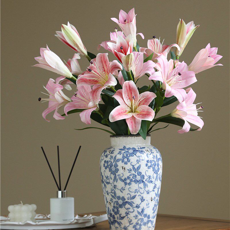欧式高档手感百合花仿真花塑料假花客厅餐桌茶几花艺摆件插花装饰