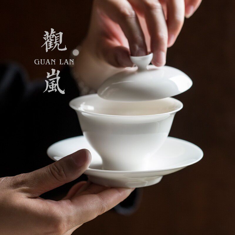 观岚盖碗茶杯手工羊脂玉白陶瓷泡茶碗单个家用功夫茶具三才敬茶碗