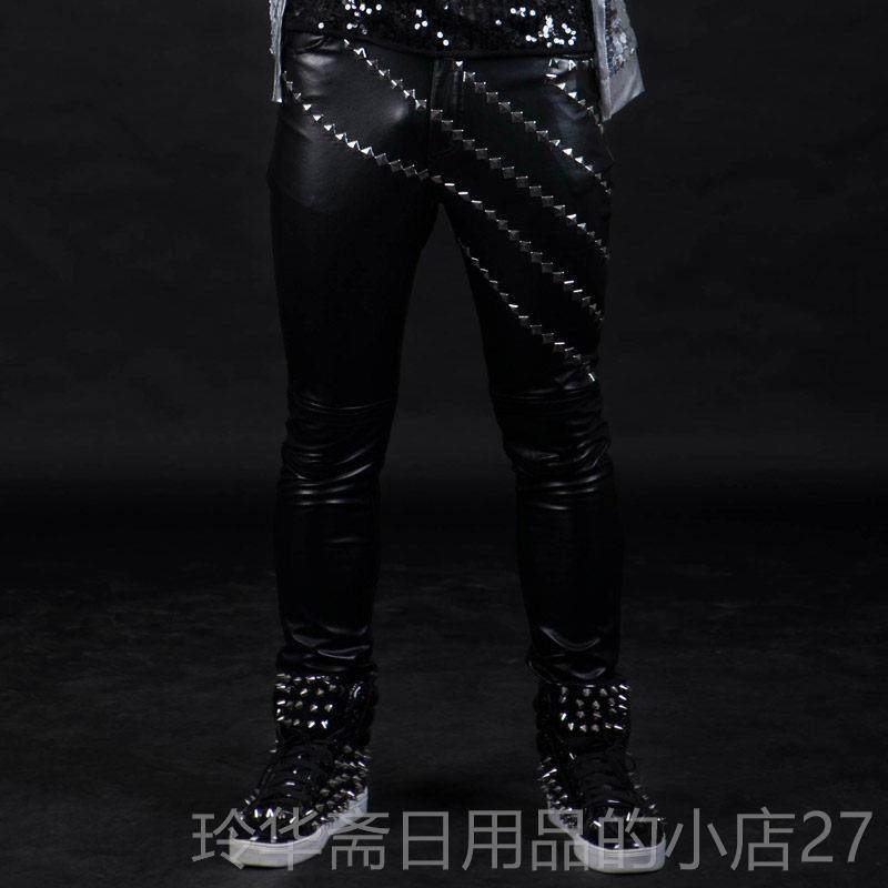 高档身紧夜店酒吧男歌演出钉服铆修身皮裤男士古着皮裤哈雷机车皮