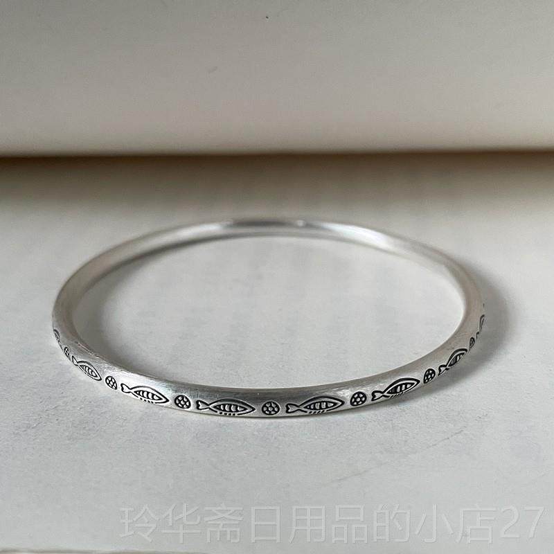 高档女菩提下足银纯银小鱼花纹复古做树旧泰国手环工银闭口款手镯