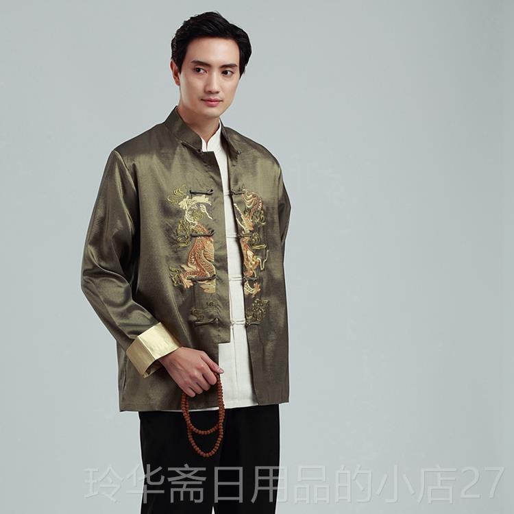 高档秋男长袖唐装上衣绣士花双龙带表演装服中式上衣婚礼主礼春服