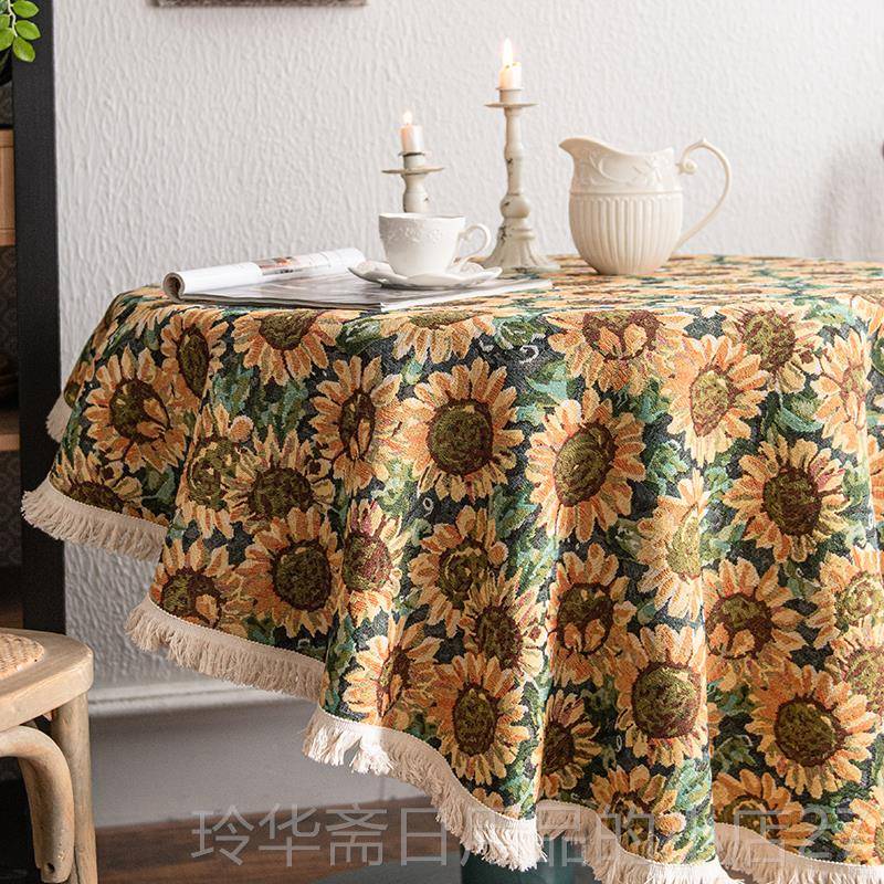 高档蔓越家 法式布复圆桌布向古日葵台棉麻流苏餐布桌电视柜茶几