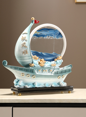 一帆风顺帆船流沙画沙漏摆件高档现代中式家居客厅玄关桌面装饰品