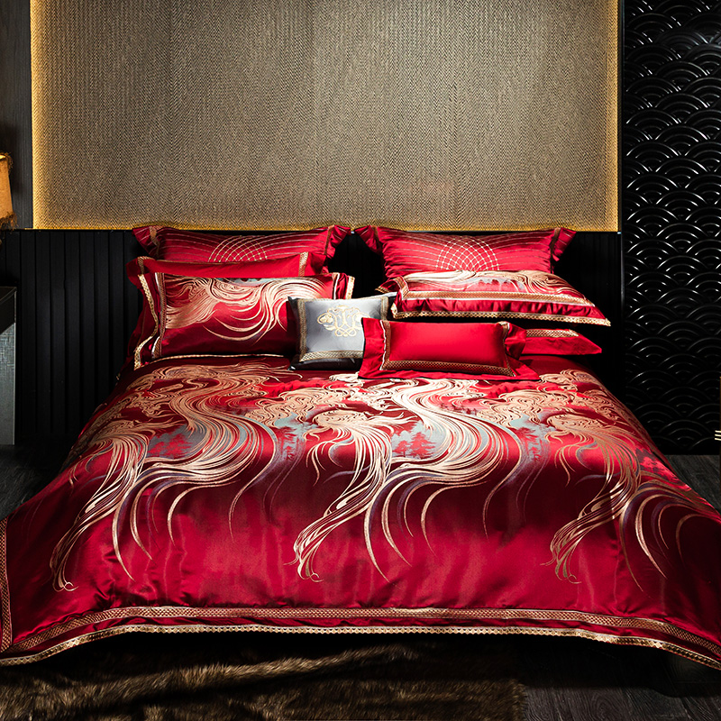 结婚牀上用品真丝棉刺绣婚庆四件组大红色牀单牀盖款婚嫁喜被六件