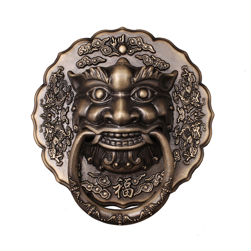 铜狮子头门扣门环拉手兽头中式仿古大门开门大把手对装木门拉把