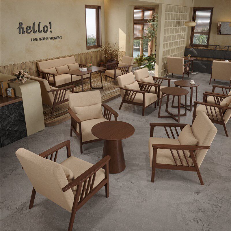 覆古风咖啡厅奶茶店桌椅组合书吧酒馆沙发休闲区接待洽谈实木卡座