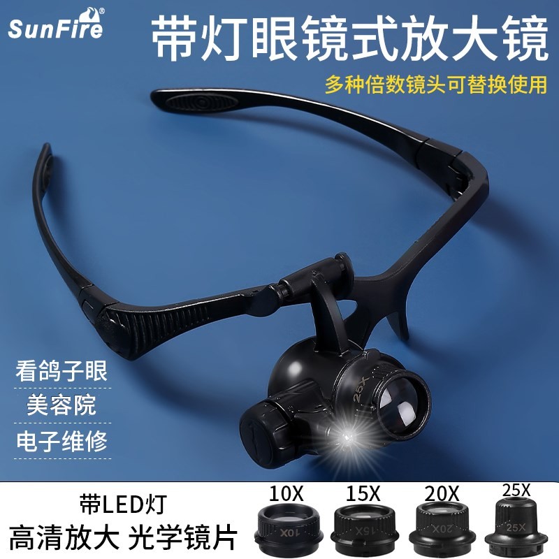 太阳火高倍倍头戴眼镜式放大镜带灯检测主板芯片集成15钟表专用工