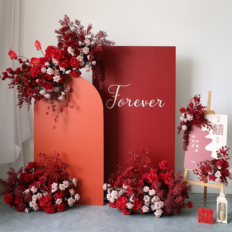婚庆花艺布置组合红色婚礼活动道具假花背景壁挂花排迎宾花卉定制