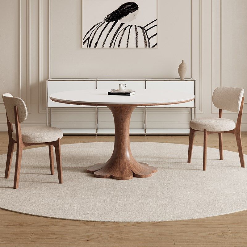 德利丰实木岩板餐桌圆桌家用法式中古风高端全托小户型圆形饭桌子