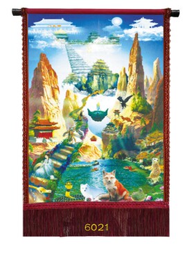 油画布带穗 平面单幅中式印刷 客厅 风景 装饰画 山水画
