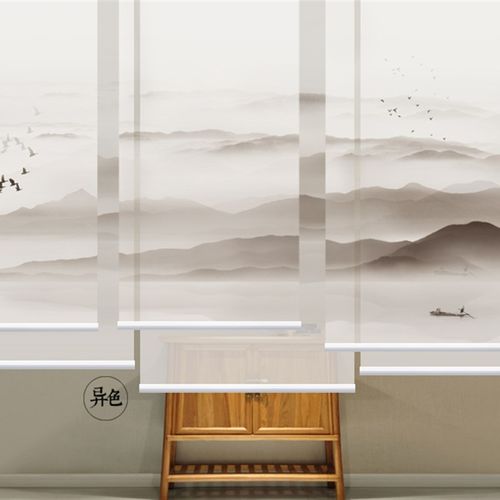 异色中式窗帘软屏风软隔断帘悬挂式屏风帘透明卷帘客厅0615山水