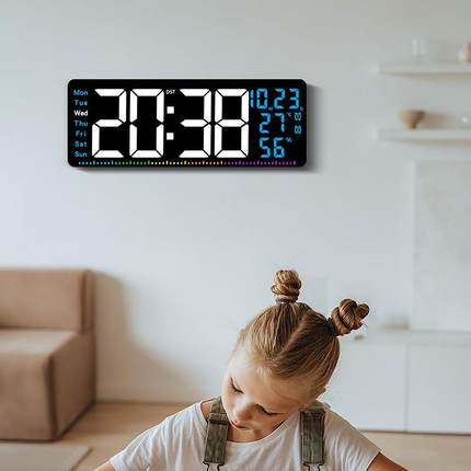 新创意客厅挂钟LED电子钟多功能彩色时钟17.3寸温湿度闹钟6661
