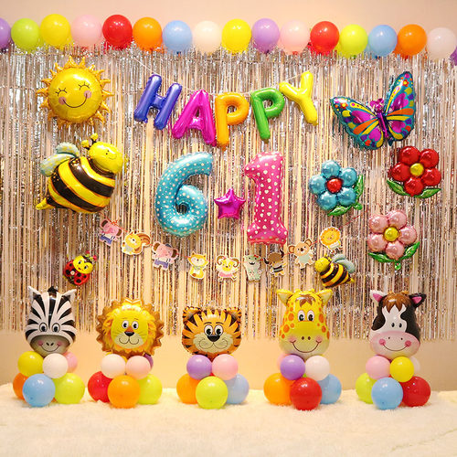 六一儿童节豪华雨丝墙背景墙布置装饰学校班级商场舞台装扮气球