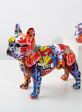 彩色涂鸦法斗犬宠物狗法牛犬创意家居办公装饰品树脂工艺品摆件