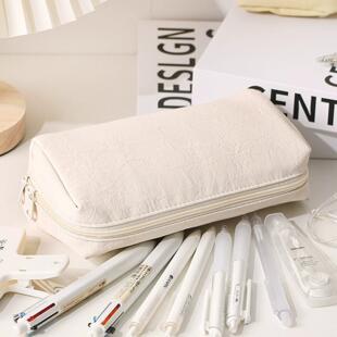 新款皮质防水笔袋高颜值奶油色系文具盒女孩大容量铅笔盒