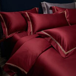 好看轻奢100S贡缎长绒棉四件套酒红色婚礼结婚庆喜被床上用品1.8m