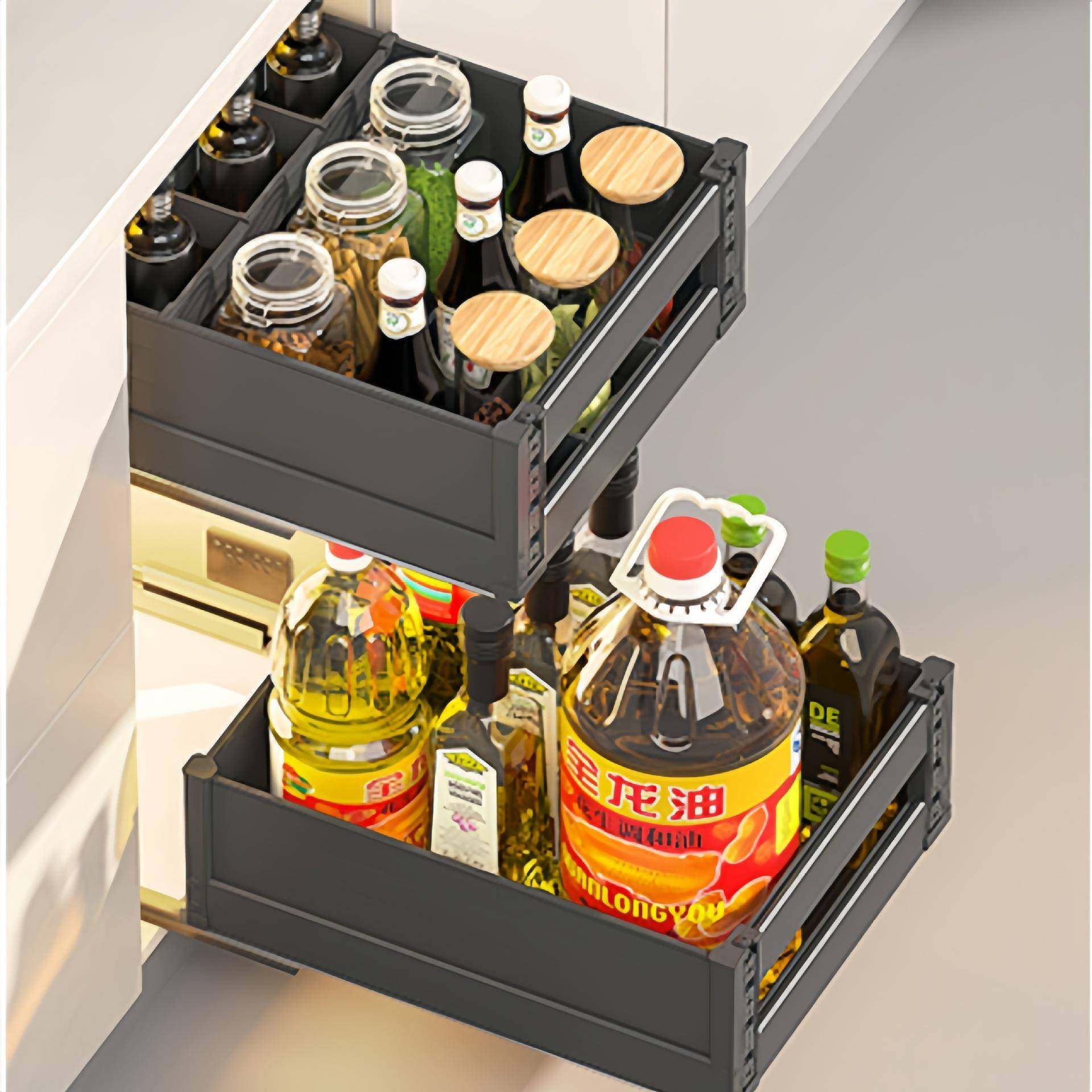 分层抽屉式调料拉篮厨房橱柜调味篮抽屉厨房放碗具拉篮调料抽拉篮
