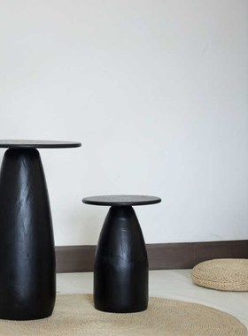 纯实木茶几客厅沙发高边几桌组合侘寂休闲黑色圆形民宿小茶几简约