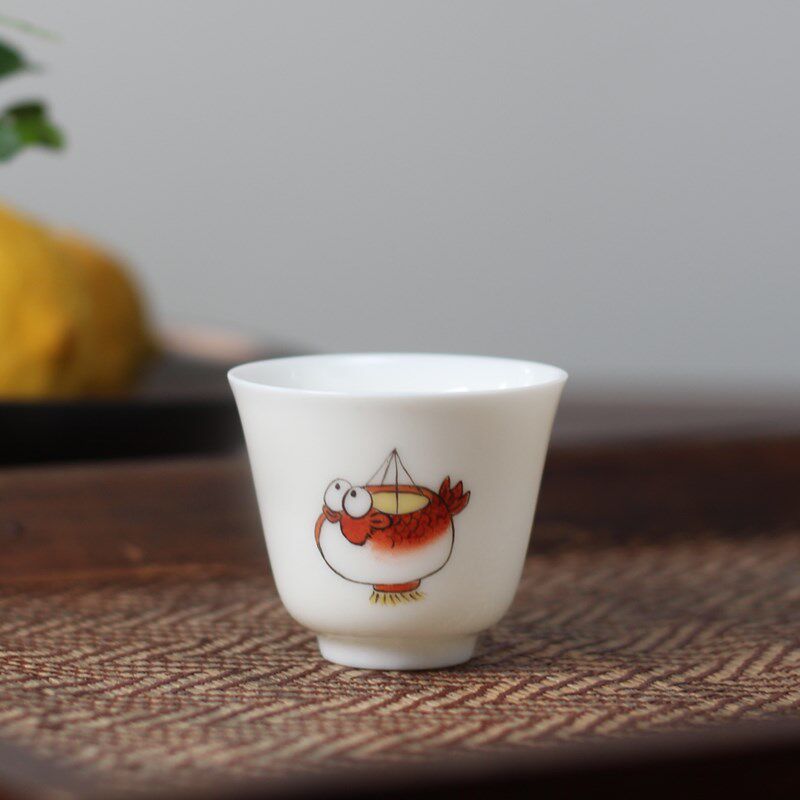 手工潮州高温白瓷 节庆图 手绘灯笼鱼潮汕功夫茶杯品茗杯茶具单杯