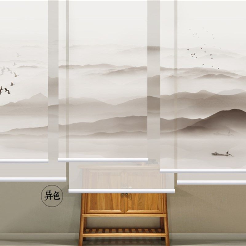 异色中式窗帘软屏风软隔断帘悬挂式屏风帘透明卷帘客厅0615山水