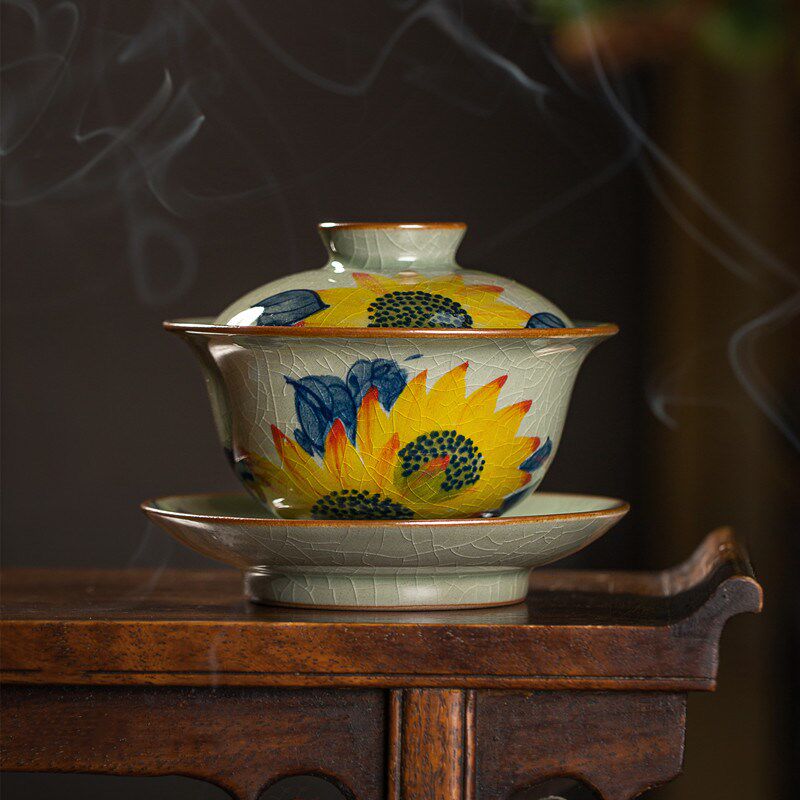 纯手绘向日葵盖碗复古冰裂釉陶瓷茶碗茶杯单个功夫泡茶带盖不烫手