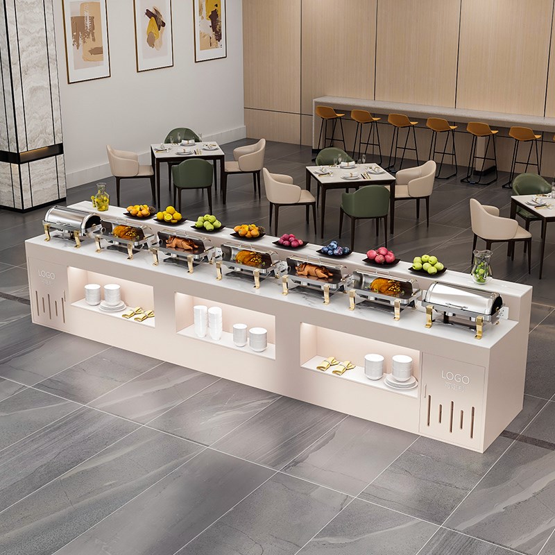 奶油风酒店餐厅单位食堂自助餐台取餐台布菲台菜品摆台水果展示柜