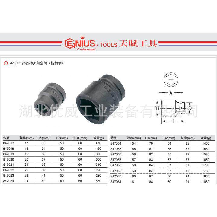 GENIUS天赋工具1″气动公制6六角套筒（铬钼钢847017-