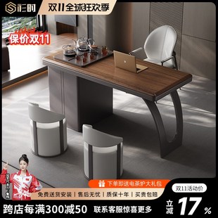 欧式 复古风全实木书桌茶桌一体桌家用茶台设计师办公桌乌金木茶几