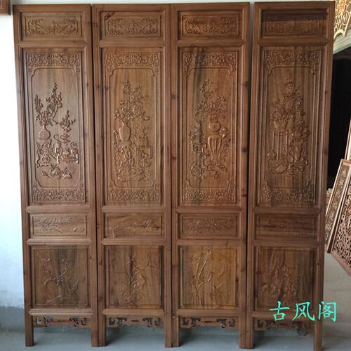 仿古屏风隔断中式香樟木折屏中式实木实地酒店办公室客厅木雕屏风