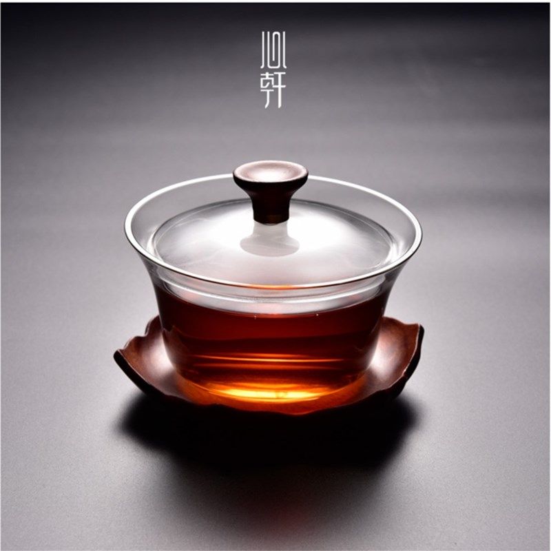 木璃盖碗 新羽手工盖碗耐热玻璃三才碗功夫茶具泡茶碗巴花木底座