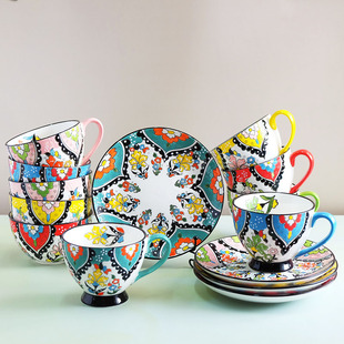 手绘重工早餐杯燕麦杯浅浮雕咖啡杯餐盘装饰釉下彩可微波加热送勺