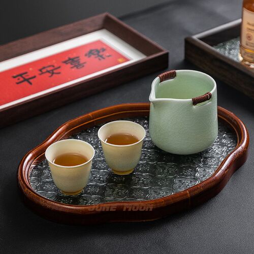 茶盘桌面高档椭圆形海棠玻璃酒杯茶水文玩水果茶具托盘中式点心盘