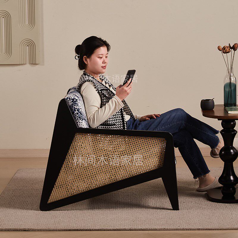 侘寂风实木沙发椅家用藤编设计师客厅阳台创意中古风躺椅法式复古
