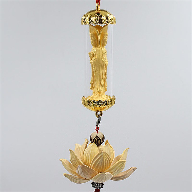 绒沙金三面观音汽车挂件黄杨木莲花车挂高档男女车内摆件吊饰