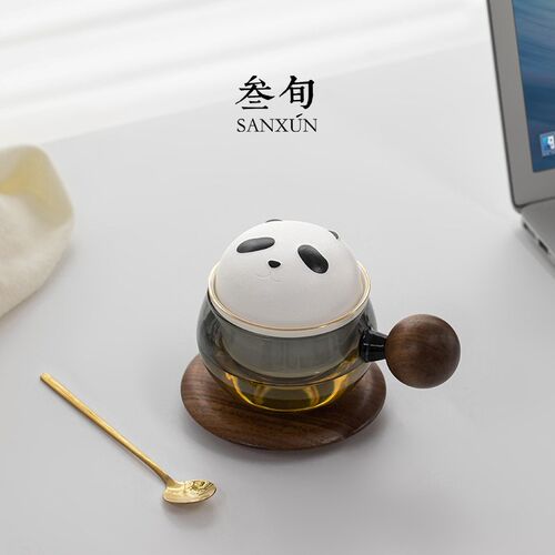 叁旬熊猫茶杯玻璃茶水分离办公室泡茶杯子女男创意可爱水杯咖啡杯