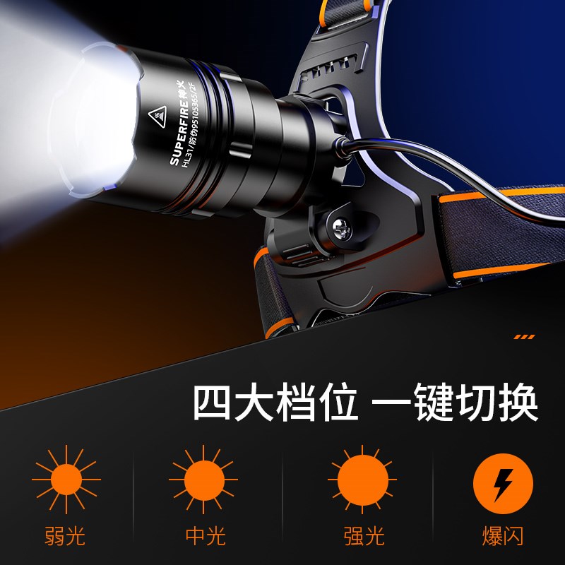 神火HL31变焦头灯强光充电超亮头戴式赶海夜钓鱼灯超长续航大功率