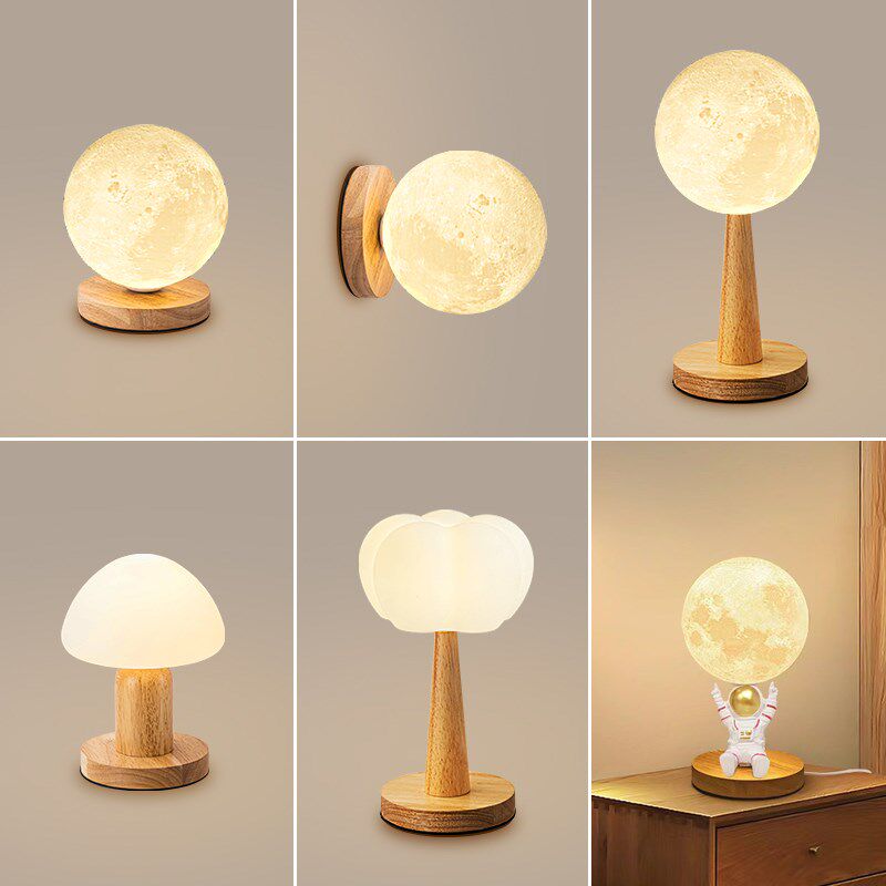 新款奶油风卧室木艺月球蘑菇小台灯现代简约创意免打孔壁灯镜前灯