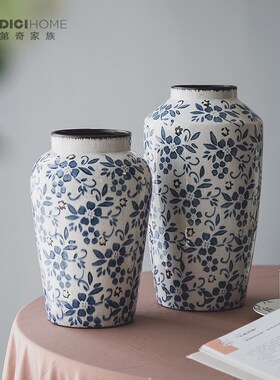 冰裂青花瓶干花插花器皿法式复古做旧装饰家居摆件电视柜茶几餐桌