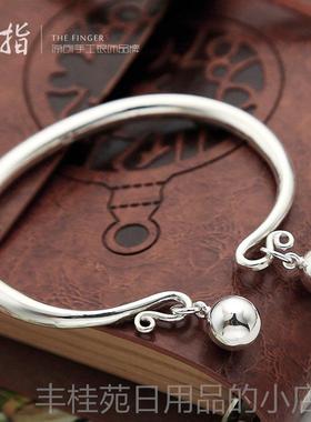 正品银镯女999面足银宫铃铛光实心纯银饰品开口红网年轻款手环镯