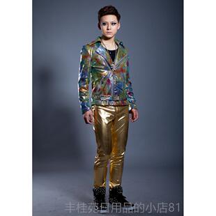 正品夜男店舞男装演出服歌手吧闪亮黄金个性男装台金色修身pu酒皮