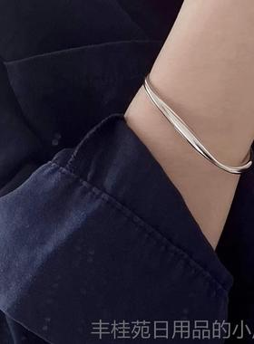 正品重镯工流s925银纯银不规则个性线银手镯小众简约子开口手镯女
