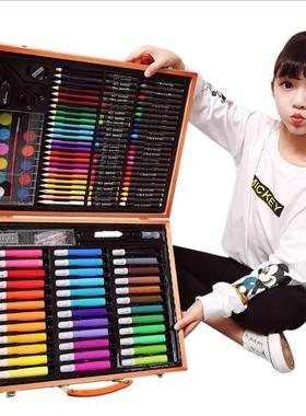 150pc木盒儿童蜡笔绘画套装画画笔水彩笔画材美术用品 水彩笔套装