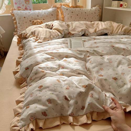 水洗棉双层纱床上四件套公主风亲肤被套针织棉床单水洗床品三件套