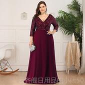 m中长袖 肥胖人胖妹妹加m晚礼服 V领亮晚会 高级感片欧美加大码 正品