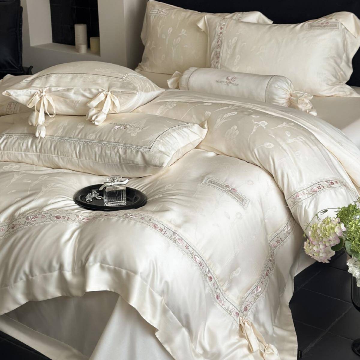 法式轻奢郁金香提花60天丝棉绣花卧室被套1.8m双人床上用品四件套