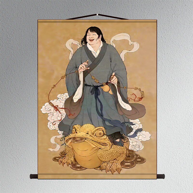 刘海戏金蟾画像挂画童子招财玄关客厅卷轴画丝绸装饰壁画