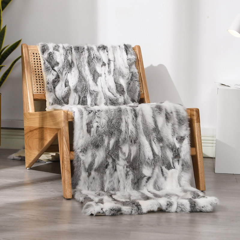 现代简约灰白色真兔毛皮草床尾巾搭毯客厅床上装饰毯样板房间软装