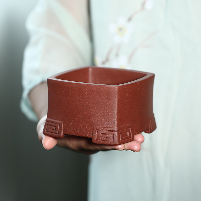 清香阁紫砂盆 李超手工回纹四方盆 桌面多肉菖蒲古典小型绿植花盆