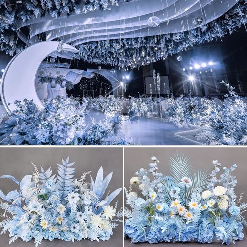 浅雾霾蓝色地排花婚庆路引仿真绢花舞台婚礼花艺装饰现场假花布置